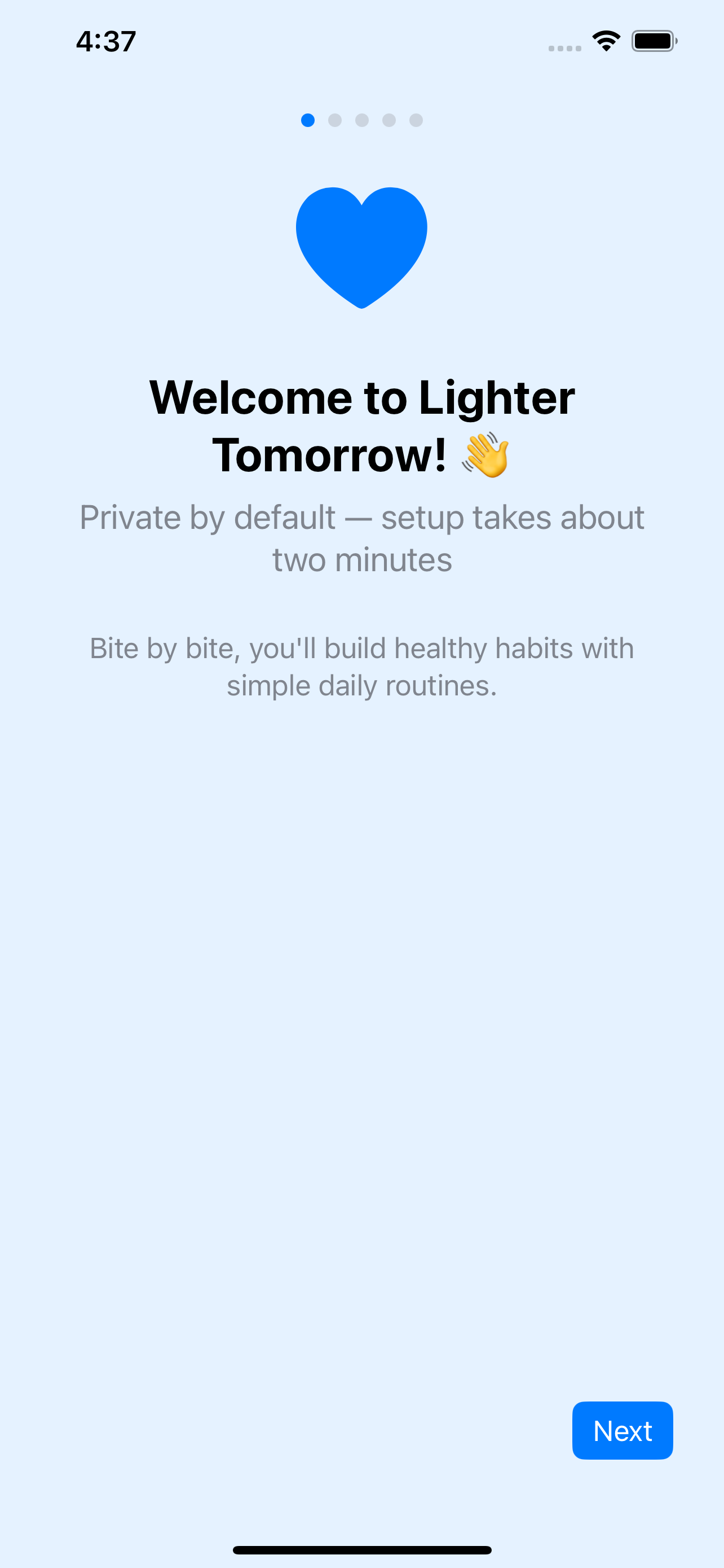 Lighter Tomorrow App Welcome Screen